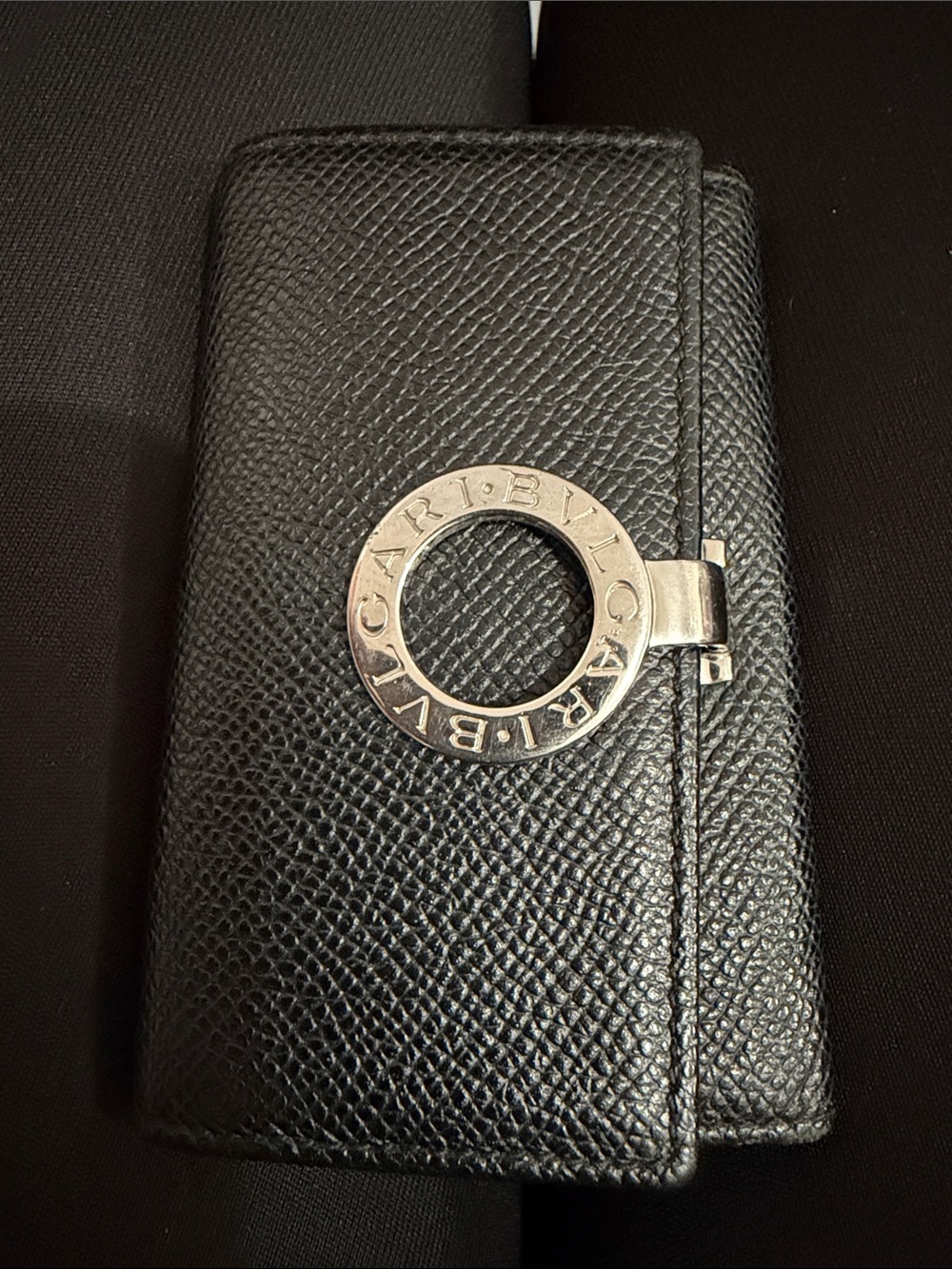 Bvlgari Black Leather Key & Card Holder with Silver BVLGARI Ring